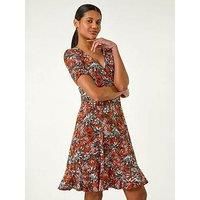 Roman Originals Wrap Tea Dress for Women UK Ladies Fit Flare Skater Swing Stretch Frill Long Sleeve Summer Evening Cocktail Party Work Office Casual Knee Length Midi - Floral Rust - Size 16