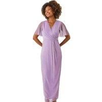 Roman Originals Metallic Plisse Bodycon Maxi Dress for Women UK - Ladies Everyday Holiday Spring Summer V-Neckline Comfy Soft Evening Vacation Work Party - Lilac - Size 12