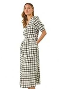 Roman Originals Check Button Midi Dress for Women UK - Ladies Everyday Holiday Spring Summer V-Neckline Comfy Soft Evening Vacation Work Party - Black - Size 14