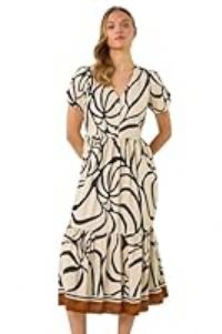Roman Originals Linear Border Shirt Dress for Women UK - Ladies Everyday Holiday Spring Summer V-Neckline Comfy Soft Evening Vacation Work Party - Ivory - Size 18