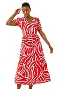 Roman Originals Linear Border Shirt Dress for Women UK - Ladies Everyday Holiday Spring Summer V-Neckline Comfy Soft Evening Vacation Work Party - Red - Size 12