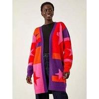 Roman Women's Star Print Longline Stretch Cardigan Sweater in Purple | Size: 12