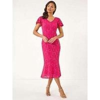 Roman Sequin Lace Ruffle Stretch Midi Dress 20 female
