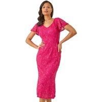 Roman Sequin Lace Ruffle Stretch Midi Dress 10 female