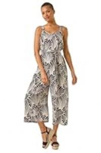 Roman Originals Abstract Strappy Jumpsuit for Women UK - Ladies Everyday Holiday Spring Summer V-Neckline Comfy Soft Evening Vacation Work Party - Black - Size 10