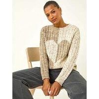 Roman Originals Colour Block Heart Knit Jumper for Women UK - Ladies Everyday Autumn Winter Round Neckline Comfy Soft Evening Vacation Work Party Night Out - Ivory - Size 14