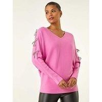 Roman Bow Sleeve V-Neck Knit Jumper one size female