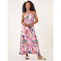 Roman Petite Abstract Gathered Halter Maxi Dress for Women UK - Ladies Everyday Holiday Spring Summer Comfy Soft Evening Vacation Work Party - Petite Pink - Size 10