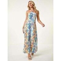 Roman Petite Abstract Gathered Halter Maxi Dress for Women UK - Ladies Everyday Holiday Spring Summer Comfy Soft Evening Vacation Work Party - Petite Pink - Size 12