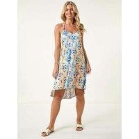 Roman Petite Abstract Halter Neck Stretch Dress for Women UK - Ladies Everyday Holiday Spring Summer V-Neckline Comfy Soft Evening Vacation Work Party - Petite Blue - Size 16