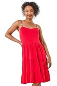 Roman Petite Beaded Strappy Tiered Dress for Women UK - Ladies Everyday Holiday Spring Summer Square Neckline Comfy Soft Evening Vacation Work Party - Petite Red - Size 14