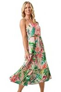 Roman Petite Tropical Strappy Tiered Dress for Women UK - Ladies Everyday Holiday Spring Summer Square Neckline Comfy Soft Evening Vacation Work Party - Petite Pink - Size 16