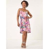 Roman Petite Abstract Halter Neck Stretch Dress for Women UK - Ladies Everyday Holiday Spring Summer V-Neckline Comfy Soft Evening Vacation Work Party - Petite Pink - Size 18