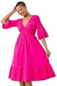 Roman Originals Linen Look Shirred Midi Dress for Women UK - Ladies Everyday Holiday Spring Summer V-Neckline Comfy Soft Evening Vacation Work Party - Fuchsia - Size 12