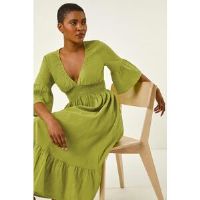 Roman Linen Look Shirred Midi Dress 18 female