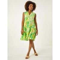 Roman Leaf Print Buttoned Smock Dress - Lime