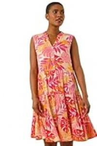 Roman Originals Cotton Tropical Lace Detail Tiered Dress for Women UK - Ladies Everyday Holiday Spring Summer V-Neckline Comfy Soft Evening Vacation Work Party - Pink - Size 12