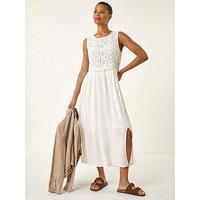 Roman Women's Crochet Bodice Midi Dress in White | Size: 16