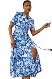 Roman Originals Shirt Dress for Women UK Ladies Short Sleeve Sleeveless Belted Collared Midi Maxi Summer Spring Smart Casual Button Evening Office A Line Swing Skater - Floral Royal Blue - Size 16