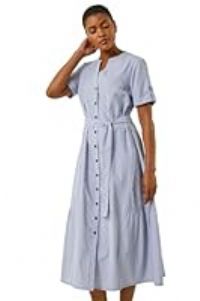 Roman Originals Stripe Tie Waist Midi Dress for Women UK - Ladies Everyday Holiday Spring Summer V-Neckline Comfy Soft Evening Vacation Work Party - Blue - Size 20