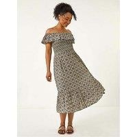 Roman Petite Geo Print Bardot Midi Dress for Women UK - Ladies Everyday Holiday Spring Summer Comfy Soft Evening Vacation Work Party - Petite Charcoal - Size 16