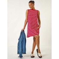 Roman Originals Stripe Jersey A-Line Stretch Dress for Women UK - Ladies Everyday Holiday Spring Summer Round Neckline Comfy Soft Evening Vacation Work Party - Red - Size 12