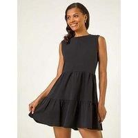 Roman Originals Cotton Tiered Stretch Dress for Women UK - Ladies Everyday Holiday Spring Summer Round Neckline Comfy Soft Evening Vacation Work Party - Black - Size 18