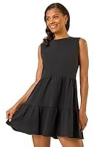 Roman Originals Cotton Tiered Stretch Dress for Women UK - Ladies Everyday Holiday Spring Summer Round Neckline Comfy Soft Evening Vacation Work Party - Black - Size 10