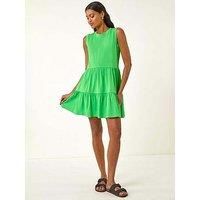 Roman Originals Cotton Tiered Stretch Dress for Women UK - Ladies Everyday Holiday Spring Summer Round Neckline Comfy Soft Evening Vacation Work Party - Green - Size 14