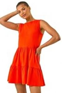 Roman Originals Cotton Tiered Stretch Dress for Women UK - Ladies Everyday Holiday Spring Summer Round Neckline Comfy Soft Evening Vacation Work Party - Orange - Size 20