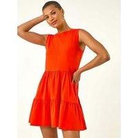 Roman Originals Cotton Tiered Stretch Dress for Women UK - Ladies Everyday Holiday Spring Summer Round Neckline Comfy Soft Evening Vacation Work Party - Orange - Size 12