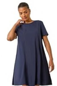 Roman Originals Cotton Panelled Swing Stretch Dress for Women UK - Ladies Everyday Holiday Spring Summer Round Neckline Comfy Soft Evening Vacation Work Party - Navy - Size 16