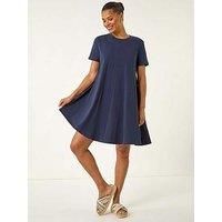 Roman Originals Cotton Panelled Swing Stretch Dress for Women UK - Ladies Everyday Holiday Spring Summer Round Neckline Comfy Soft Evening Vacation Work Party - Navy - Size 12