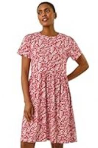 Roman Originals Abstract Print Jersey Dress for Women UK - Ladies Everyday Holiday Spring Summer Round Neckline Comfy Soft Evening Vacation Work Party - Red - Size 20