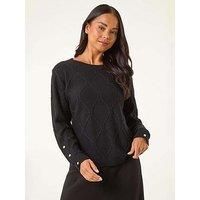 Roman Petite Button Cuff Knit Jumper for Women UK - Ladies Everyday Autumn Winter Round Neckline Comfy Soft Evening Vacation Work Party Night Out - Petite Black - Size 8