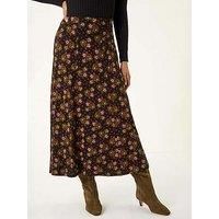 Roman Originals Jersey Skirt for Women UK - Ladies Midi Maxi Floral Animal Print Summer Spring Holiday Swing Smart Casual Work Cocktail Party Going Out Holiday Cruise - Noir Floral - Size 14