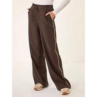 Roman Originals Stripe Animal Trim Stretch Trouser for Women UK - Ladies Everyday Autumn Winter Round Neckline Comfy Soft Evening Vacation Work Party Night Out - Chocolate - Size 14