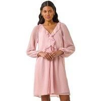 Roman Rose Print Ruffle V-Neck Smock Dress for Women UK - Ladies Spring Everyday Summer Holiday Long Sleeve Soft Knee Length Comfy Frill Detail Frock Dinner Date Gowns - Metallic Light Pink - Size 16