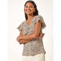 Roman Originals Broderie Ruched Front Stretch Top for Women UK - Ladies Everyday Holiday Spring Summer V-Neckline Comfy Soft Evening Vacation Work Party - Beige - Size 10
