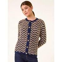 Roman Women's Fluffy Stripe Knit Cardigan Sweater in Navy | Size: 16
