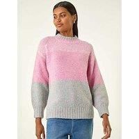 Roman Originals Thick Jumper for Women UK - Ladies Winter Autumn Smart Casual Knit Knitted Knitwear Pull-On Round Crew Neck Long Sleeve Work Office Dinner Party - Grey Light Pink - Size 18