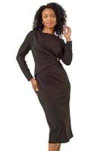 Roman Petite Gathered Stretch Midi Dress for Women UK - Ladies Everyday Autumn Winter Round Neckline Comfy Soft Evening Vacation Work Party Night Out - Petite Black - Size 12