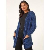 Roman Originals Women Fluffy Cardigan Ladies Winter Cardi Longline Edge to Edge Ombre Coatigan Casual Sparkly Glittery Jacket Knitwear Knitted Autumn Fleecy Cosy Soft Coats - Cobalt - Size 10
