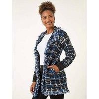 Roman Women's Check Fringe Knit Cardigan Sweater in Navy | Size: 18