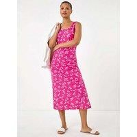 Roman Originals Women Floral Print Jersey Maxi Dress - Ladies Spring Daywear Summer Holiday Square Neckline Side Split Comfy Dresses - Pink - Size 14