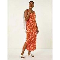 Roman Originals Women Floral Print Jersey Maxi Dress - Ladies Spring Daywear Summer Holiday Square Neckline Side Split Comfy Dresses - Orange - Size 18