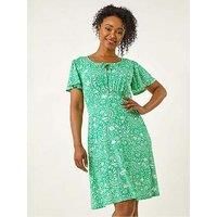 Roman Originals Women Gathered Chest Dress Ladies Stretchy Fit & Flare Swing Tea A Line Skater Empire Waist Ruched Knee Length Midi Smart Casual Work Going Out Party - Petite Green - Size 12