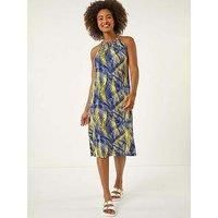 Roman Gathered Palm Print Swing Stretch Dress 18 female