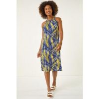Roman Gathered Palm Print Swing Stretch Dress 14 female