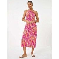 Roman Women Halterneck Midi Dress - Ladies Halter Neckline Maxi Spring Everyday Summer Holiday Sleeveless Soft Tie Waist Detail Keyhole Neck Gown Vacation Frocks - Pink Palm - Size 18